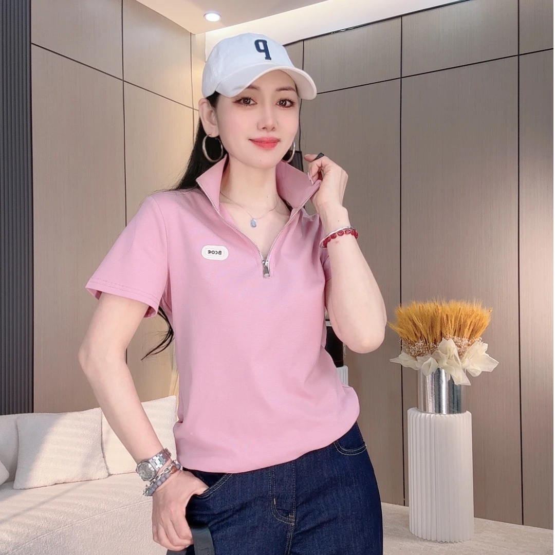 【5539】2025新款夏季女士休闲立领半拉链时尚短袖简约百搭洋气经典