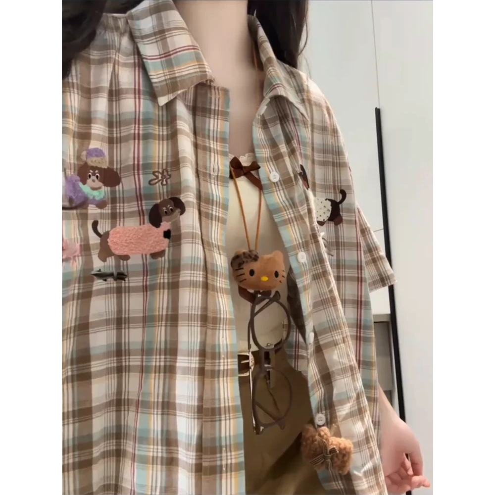 美式趣味小狗毛巾绣格子短袖衬衫女夏季新款宽松休闲衬衣独特上衣