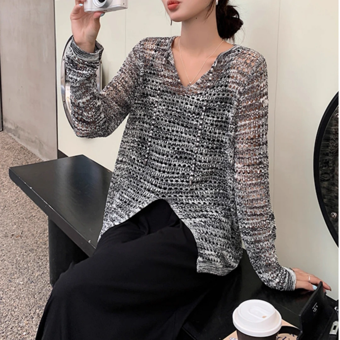 1049 祺欣家 渐变晕染不规则设计镂空性感薄款针织衫