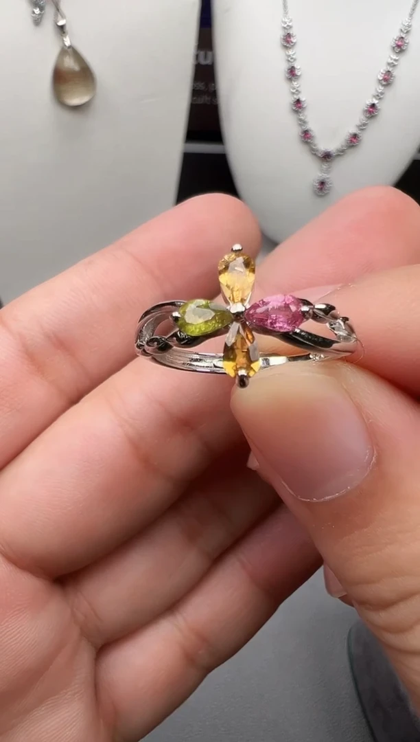 银S925镀金镶嵌戒指碧玺8