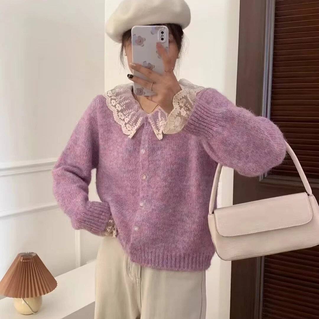 甜美蕾丝领温柔风软糯不扎皮肤早春新款减龄显瘦韩版毛衣开衫女