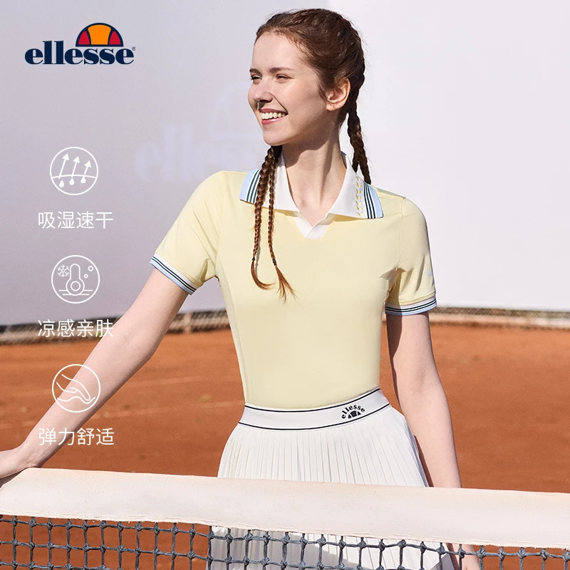 Ellesse网球运动吸湿速干橄榄提花羽毛球跑步POLO短袖