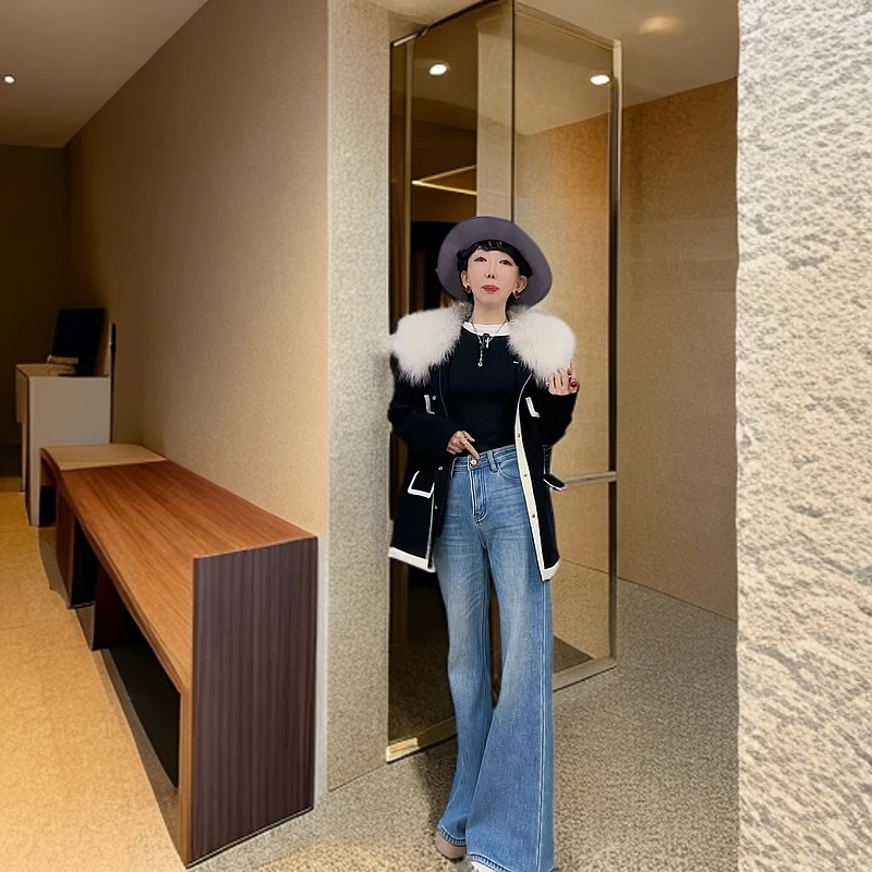 港版90089时尚休闲百搭蓝色中不加绒和加绒厚款直筒喇叭牛仔裤