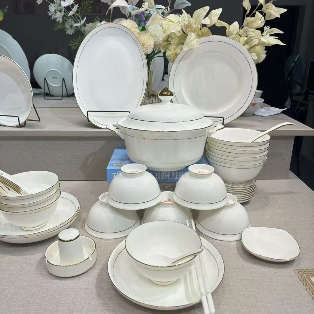 景德镇梧之栗高档日用瓷餐具金镶玉60件大套装微波炉适用