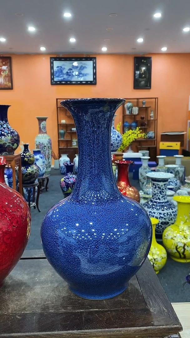 摆件蓝色窑变赏瓶35*20+旋转底座