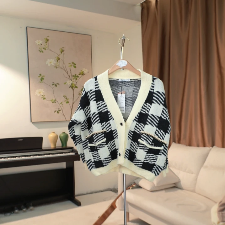G130 秋冬马赛克格纹针织开衫女 9J36-1