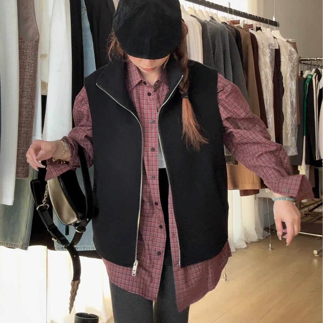 BDN 25秋冬*极简风双拉链羊毛开衫马夹女士叠穿内搭休闲