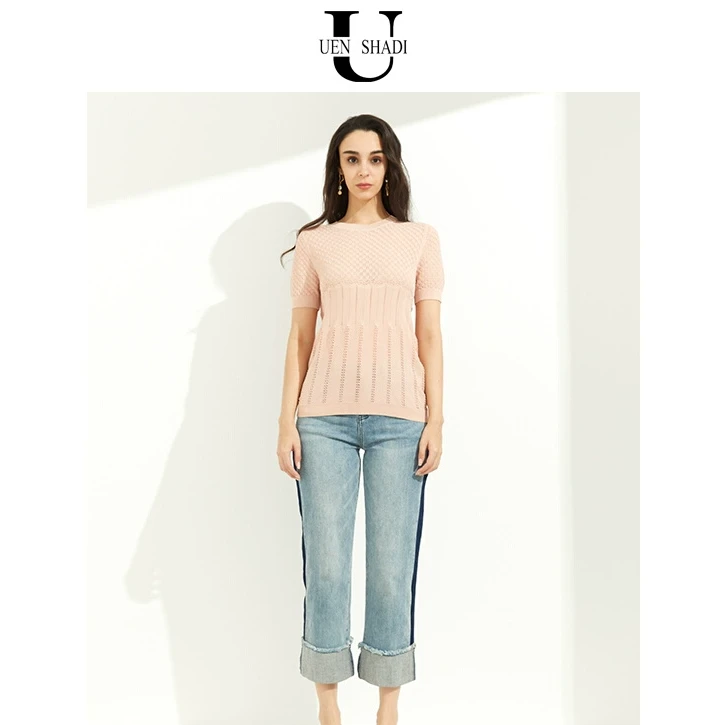 uenshadi温莎蒂夏季新款品牌女装时尚粉色短袖圆领针织套衫
