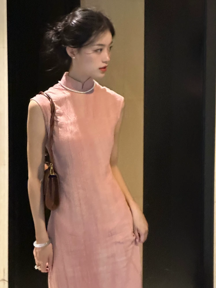 【棠梨】夏季粉色晕染国风改良旗袍修身新中式无袖长款旗袍收腰长裙