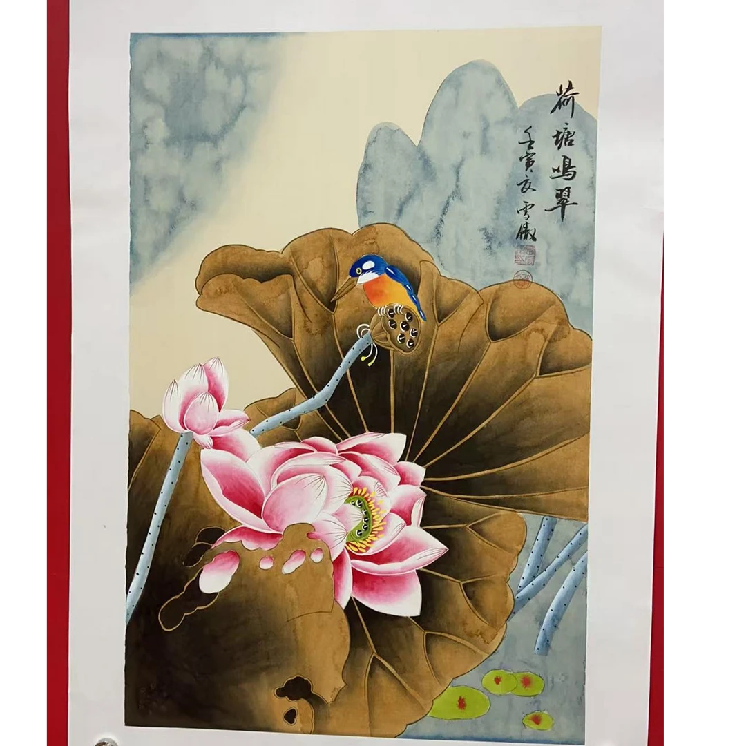 李雪傲-荷塘鸣翠-四尺三开-宣纸手绘