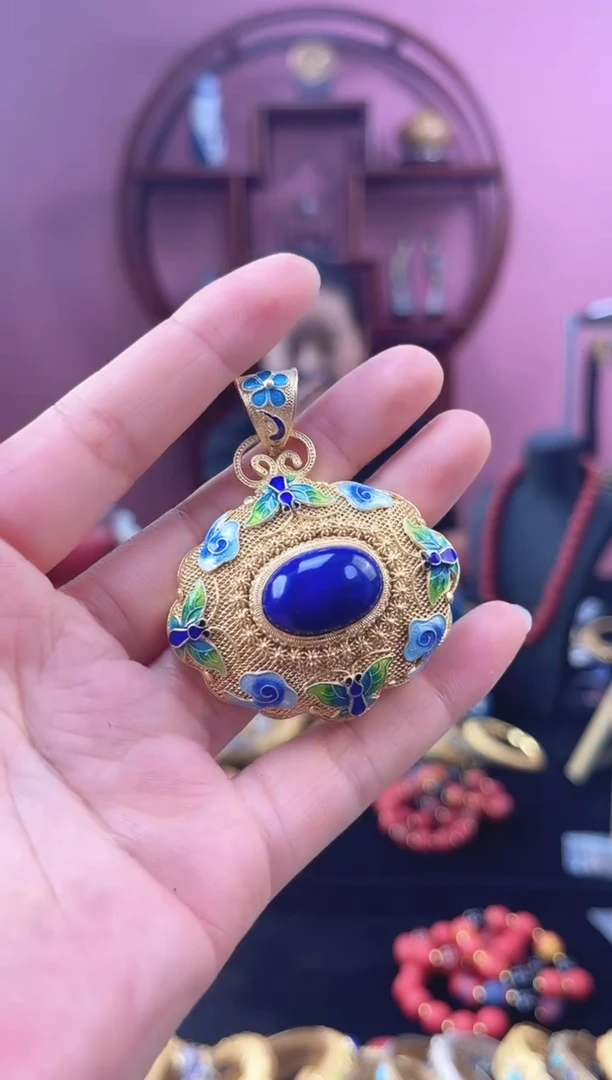 非遗 花丝镶嵌吊坠 青色 堆松