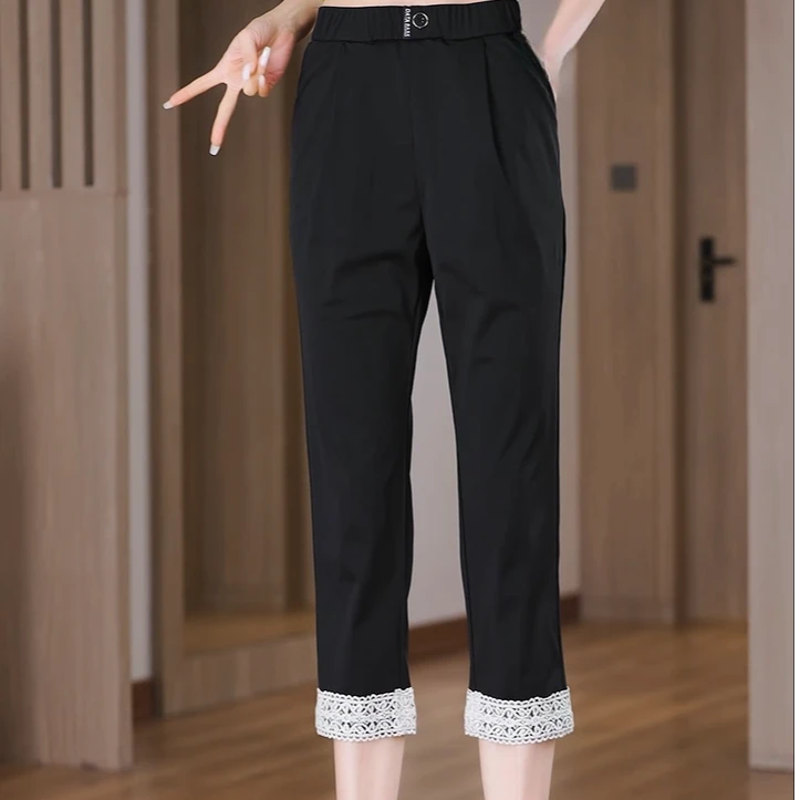 2025年春夏季新款薄款冰丝速干显瘦蕾丝裤脚大方休闲宽松哈伦裤