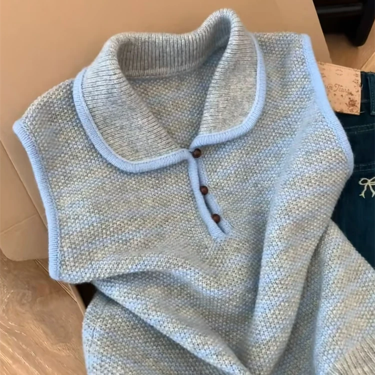 自留推荐爆款慵懒风撞色翻领针织马甲女秋冬叠穿外搭无袖背心上衣