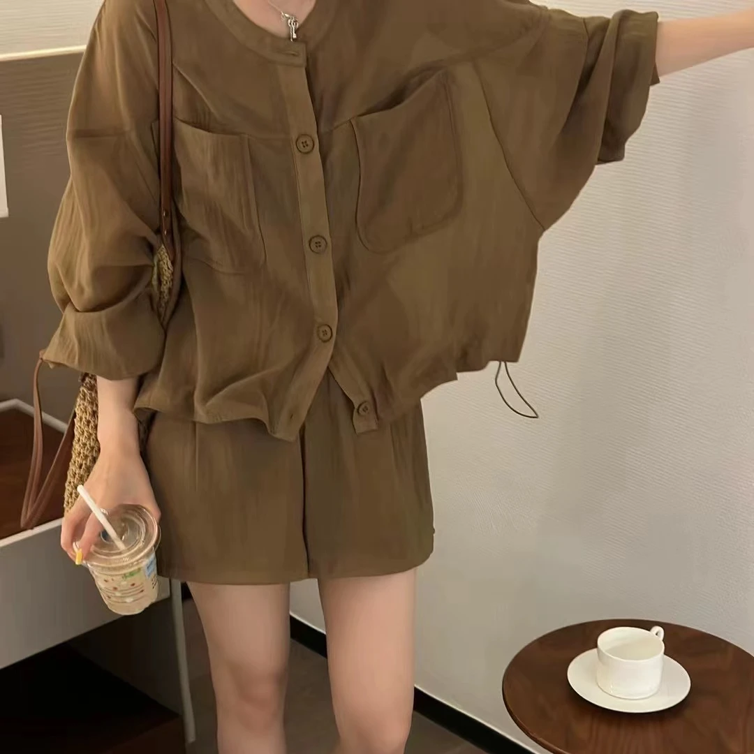 2025夏季新款圆领宽松长袖防晒衫短裤套装女棉麻抽绳显瘦两件套