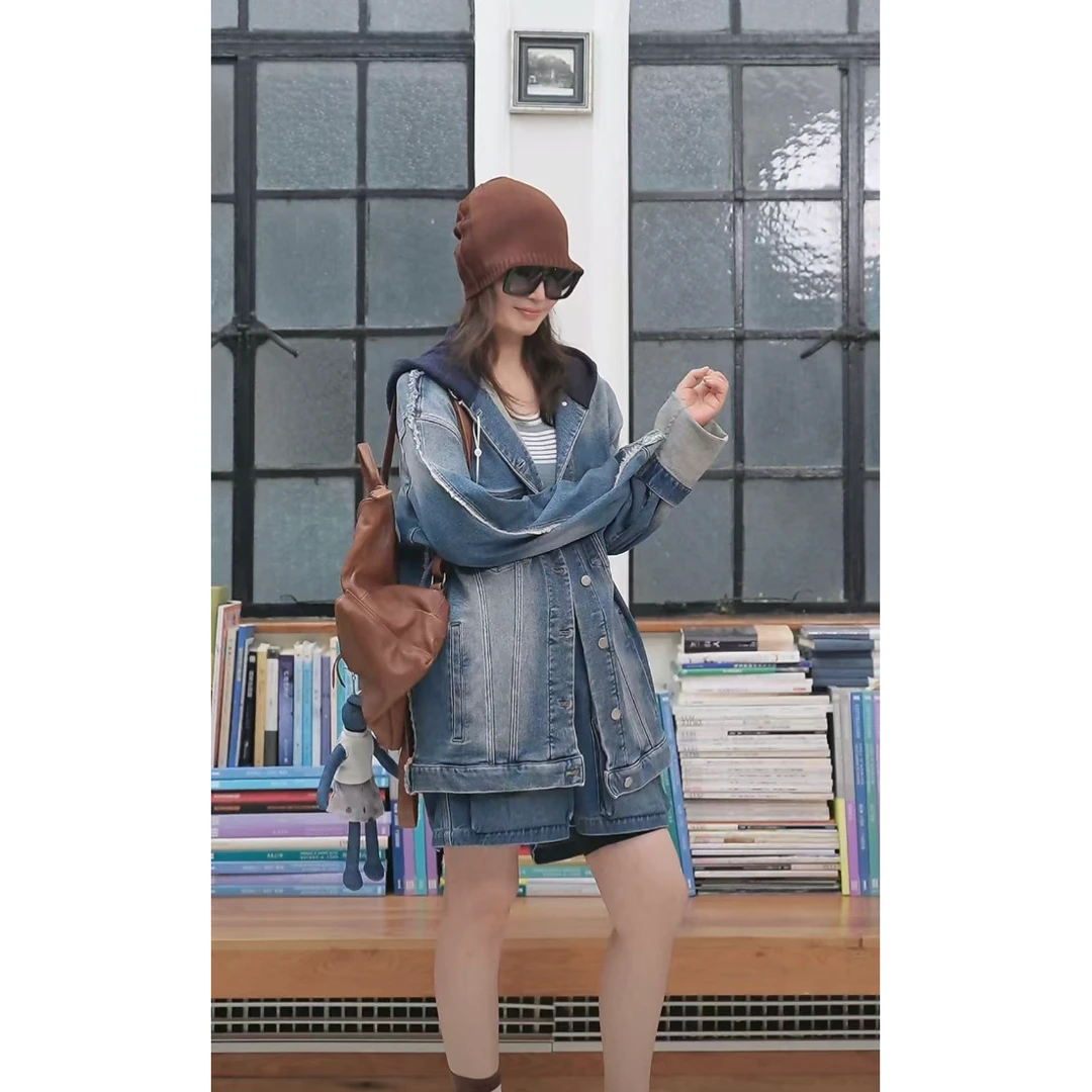 都市蓝/复古蓝棉9O大刺猬外套.法式复古牛仔外套王璇原创设计