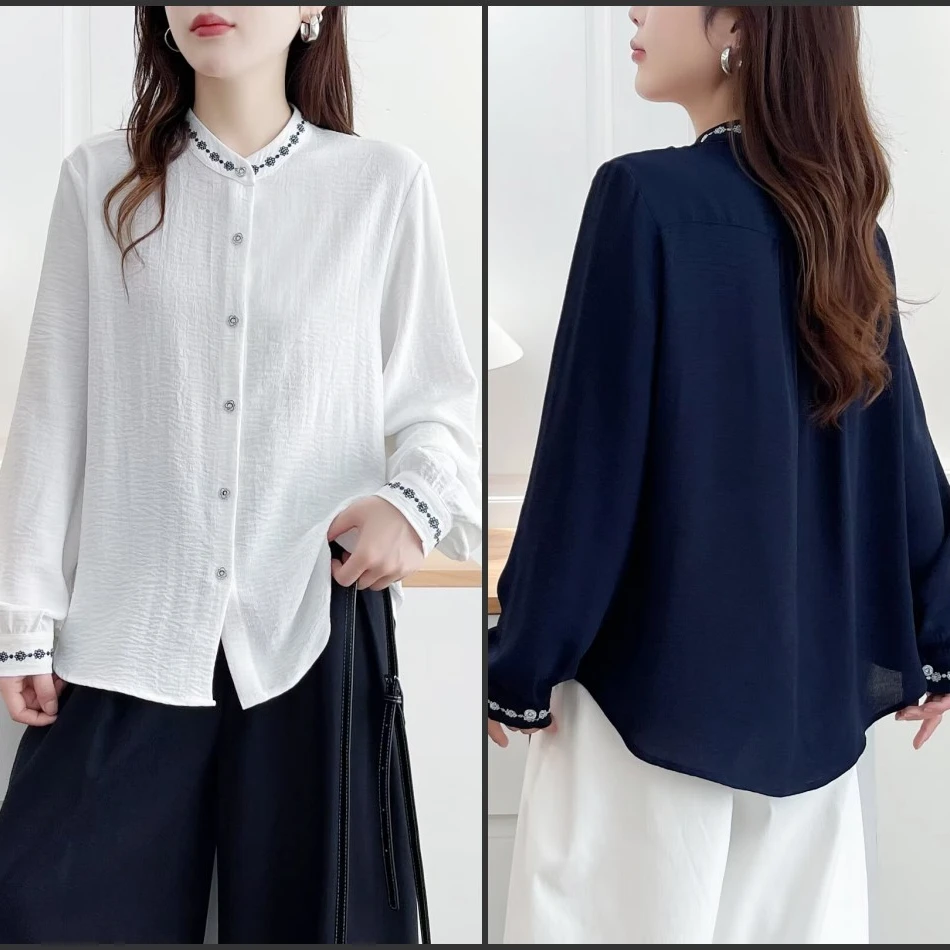 大码胖mm文艺风减龄刺绣长袖衬衫女秋季新款时尚显瘦休闲小衫807