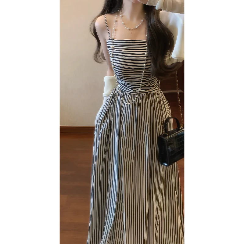 黑白条纹吊带连衣裙后背打揽收腰气质长裙&防晒空调开衫9143