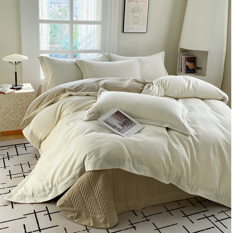 【A类母婴级】全棉高端床盖四件套 纯棉立体雕花纯色轻奢风  四季款