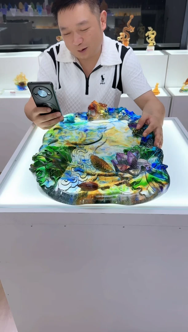 手工艺品琉璃海****媒荷塘月色茶盘