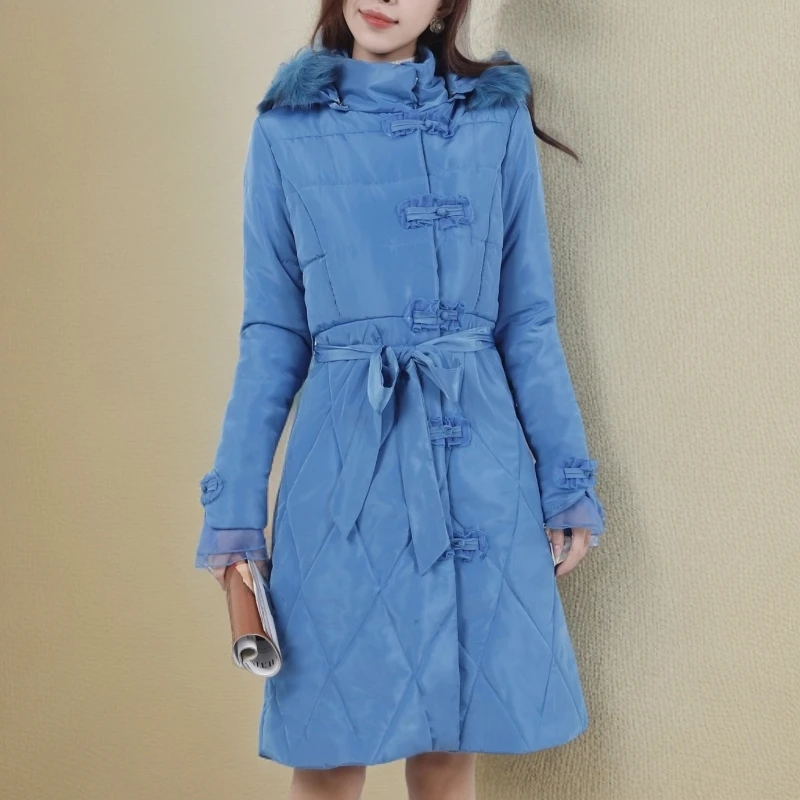 中长款收腰棉服女装新款保暖显瘦毛领加厚棉衣外套连帽中式风纯色