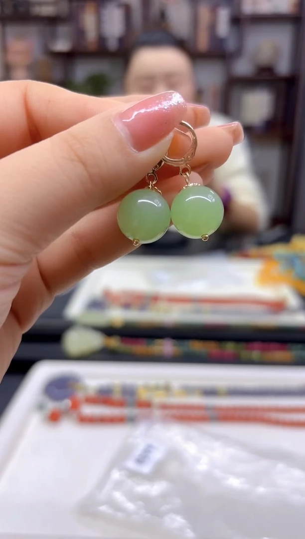 【闪购商品】和田玉（青玉）耳饰14K金镶嵌E599