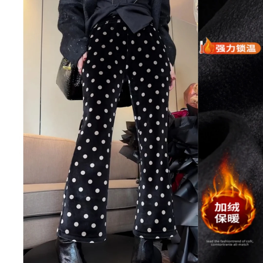 景倩妮复古气质波点微喇休闲裤2025年冬季新款加绒显瘦九分喇叭裤
