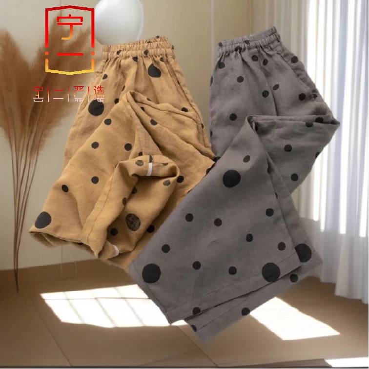 【宁一女装】时尚洋气显瘦七分裤女夏装女苎麻宽松裤子气质夏季波点