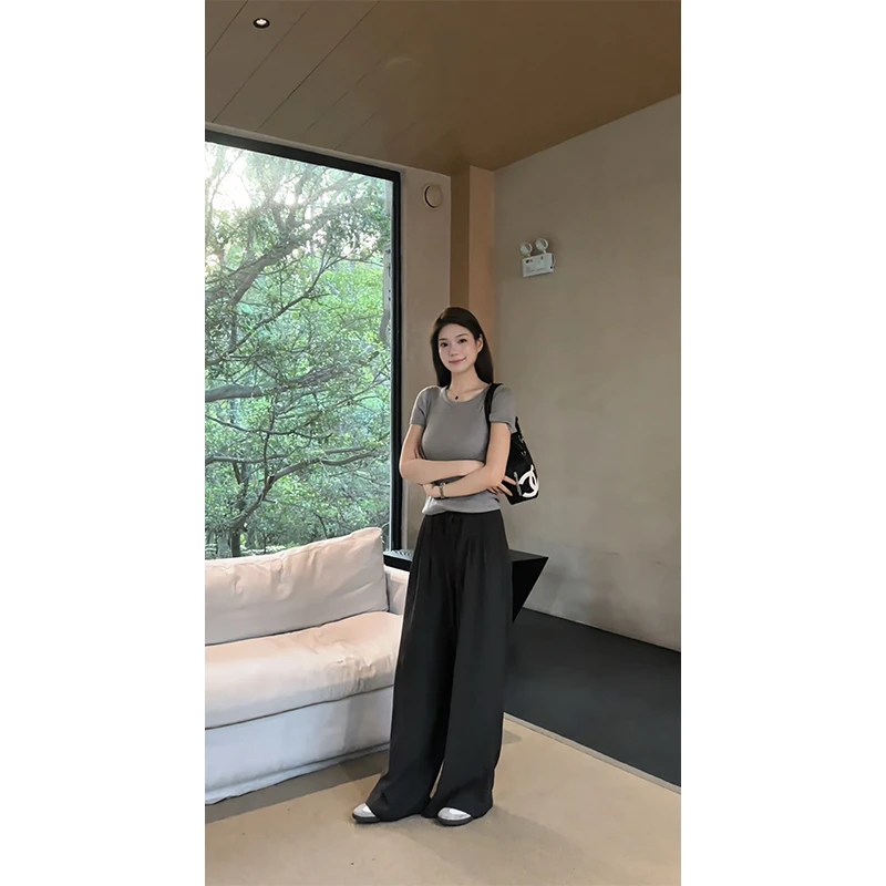 48H【舒适入夏】加长夏季通勤圆领竖纹套头短袖针织衫女 SU289