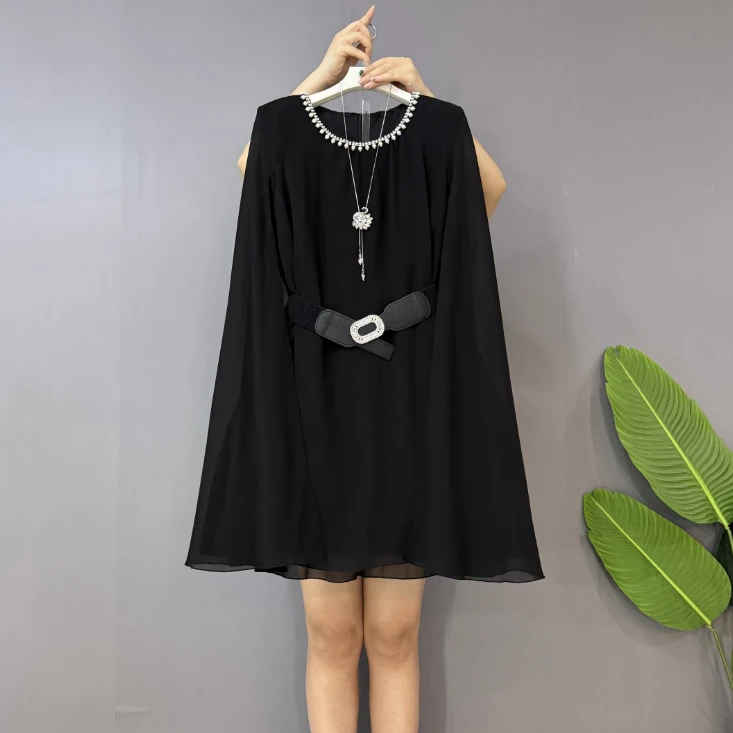 新款大码女装时尚气质圆领钉珠防晒拼接显瘦连衣裙