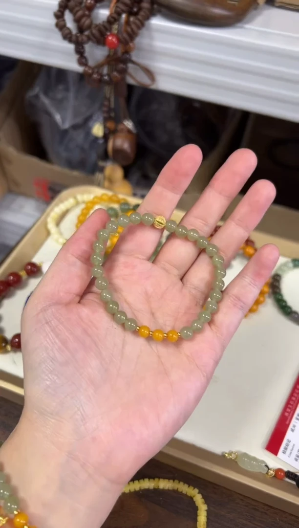 手链未镶嵌和田玉和田玉晴水蜜蜡珠手链[0698]