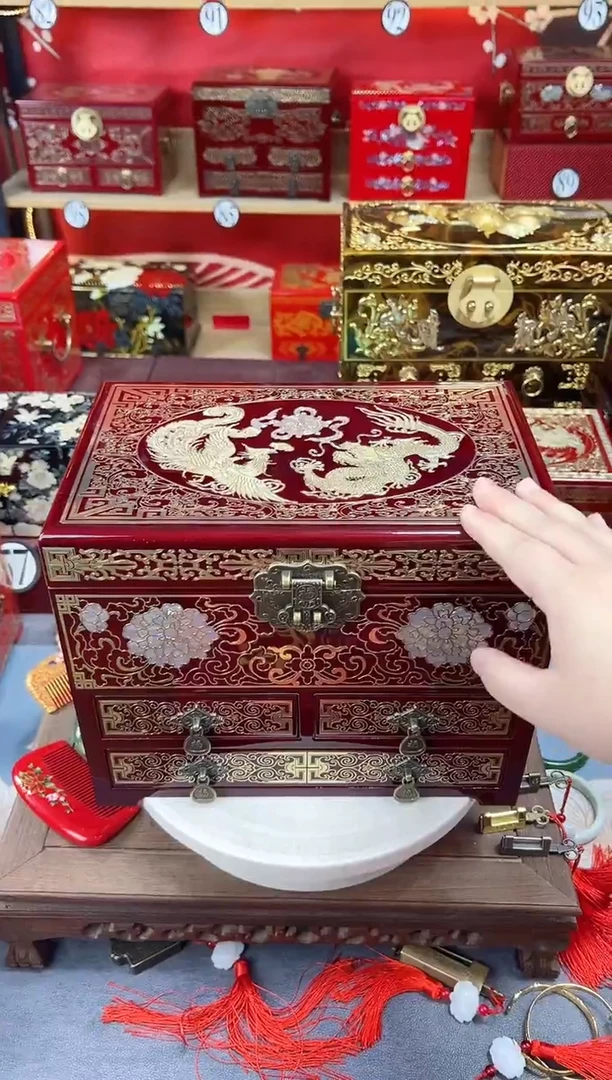 糖*28厘米新款四层三抽掐丝螺钿镶嵌酒红龙凤呈祥