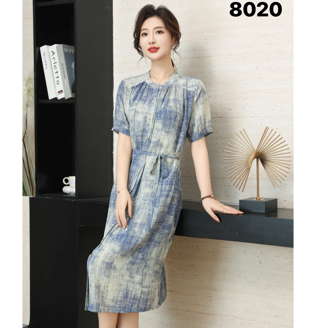 MX8020连衣裙国风绿色碎花连衣裙收腰气质优雅裙子时尚女士丝丝衣