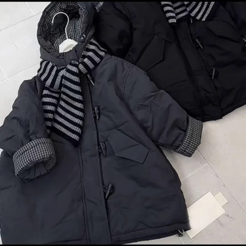 儿童冬季加绒加厚连帽中长款棉服2025男女童新款韩版休闲棉衣外套