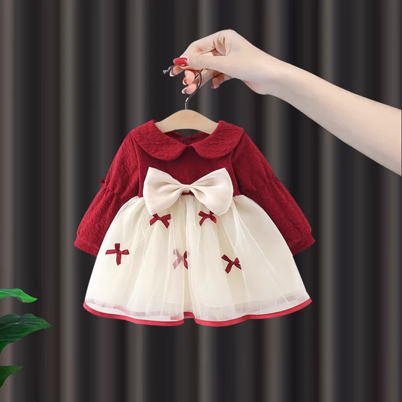 女宝宝秋装公主裙婴儿童周岁礼服蝴蝶结长袖连衣裙春秋网纱裙洋气