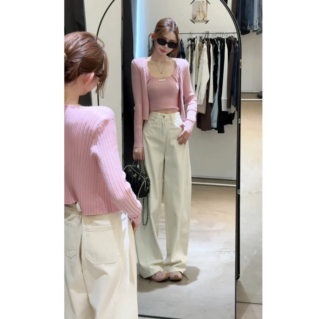 2025超火一整套时尚韩版高级感INS风修身吊带开衫裤子三件套