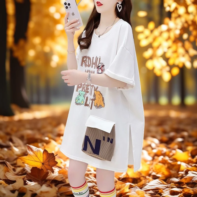 女士T恤短袖中长款口袋宽松肥胖女装胖mm遮肉大码胖妹妹显瘦上衣