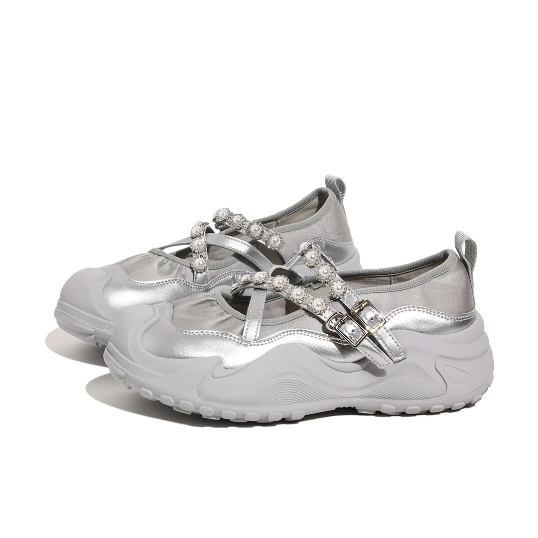 银色厚底德训鞋女款2025夏季新款水钻芭蕾玛丽珍运动老爹凉鞋