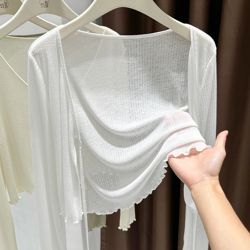 轻薄透气长袖防晒针织罩衫2025夏季绑带V领洋气木耳边开衫配吊带