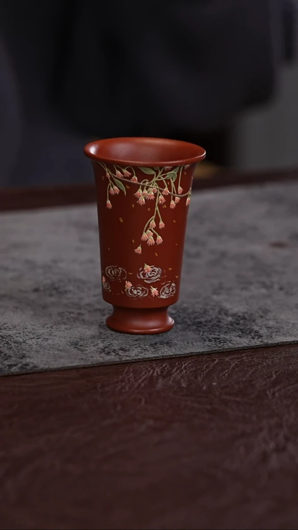 【闪购商品】紫砂茶杯朱泥 泥绘落花 闻香杯