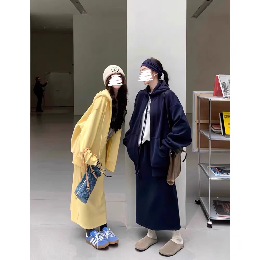 改良正肩版大码慵懒风套装春季松弛感连帽卫衣外套半身长裙两件套