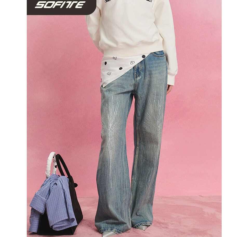 sofitte复古蓝色时尚裂纹水洗放射烫钻宽松阔腿牛仔长裤