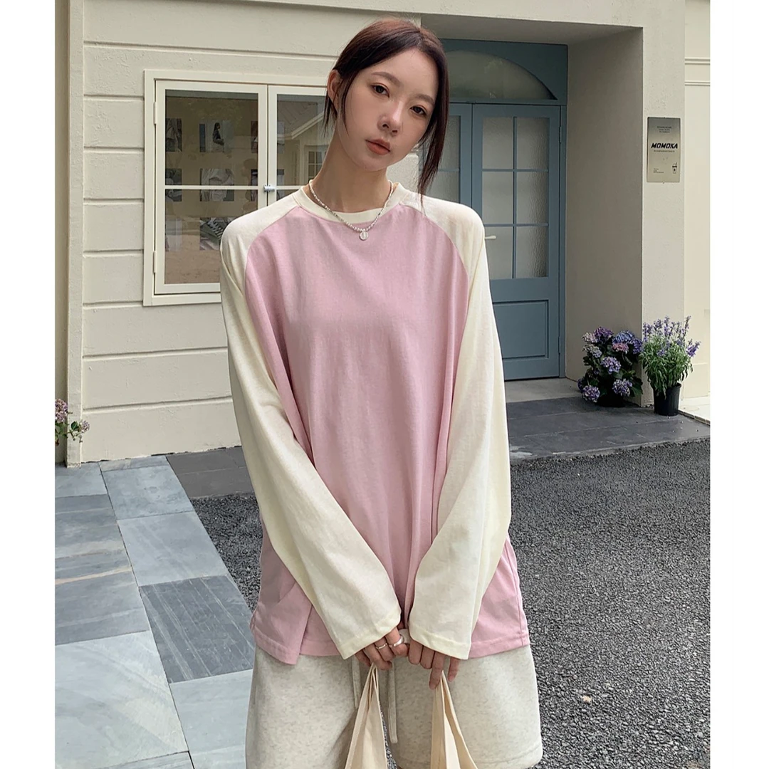 Vs what韩系休闲复古撞色插肩袖长袖T恤女百搭宽松休闲打底衫上衣