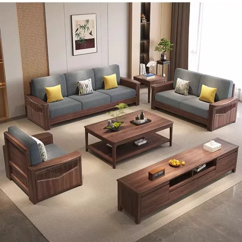 K515北美黑胡桃木实木沙发客厅布艺新中式家具原木直排小户沙发