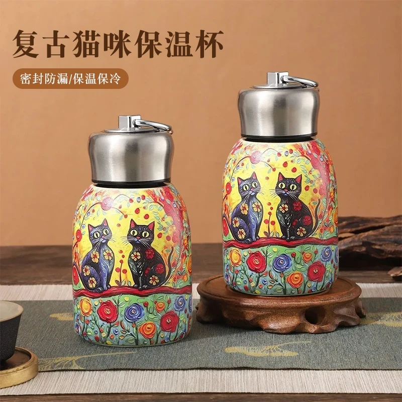 复古猫咪保温杯新款时尚家用小胖丁便携水杯创意带提手户外随手杯