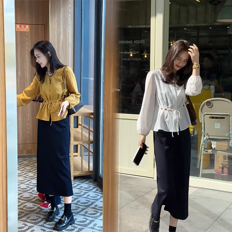 秋装2025韩版时尚设计感收腰圆领上衣高腰开叉修身半身裙两件套装
