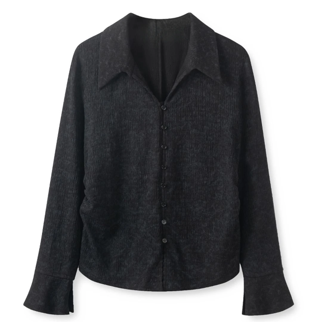 目澈MUCHELL春季新款【忘记时间】水墨印染大码翻V领衬衫MDS1CD4072