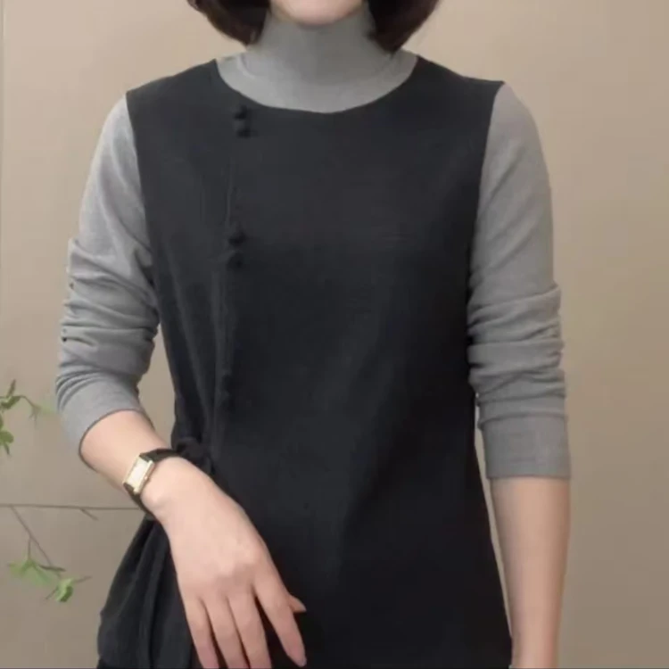 中老年女装T恤长袖T恤2025年冬季半高领假两件拼接气质显瘦打底衫