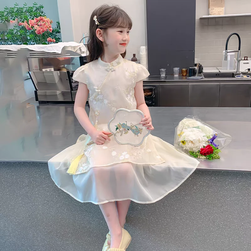 女童汉服连衣裙2025新款夏季小女孩国风旗袍公主裙夏装儿童白裙子