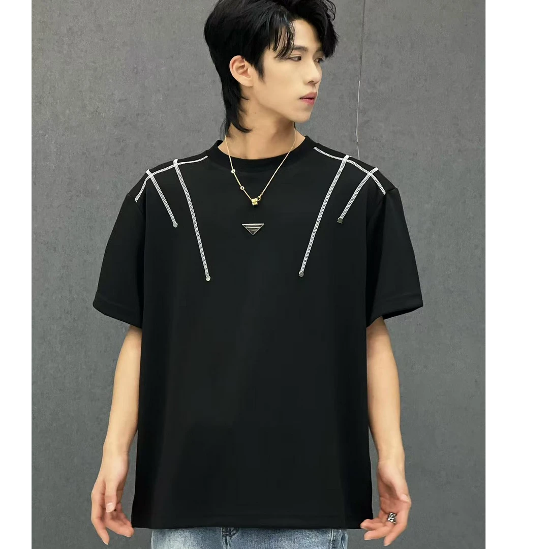 夏季金属设计潮牌T恤男装时尚宽松百搭圆领男士t恤短袖帅气823