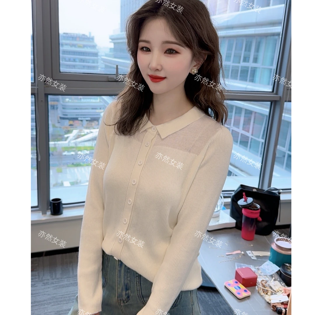 【亦然家】超细绵羊毛~polo衬衫领针织衫薄开衫新款百搭上衣打底